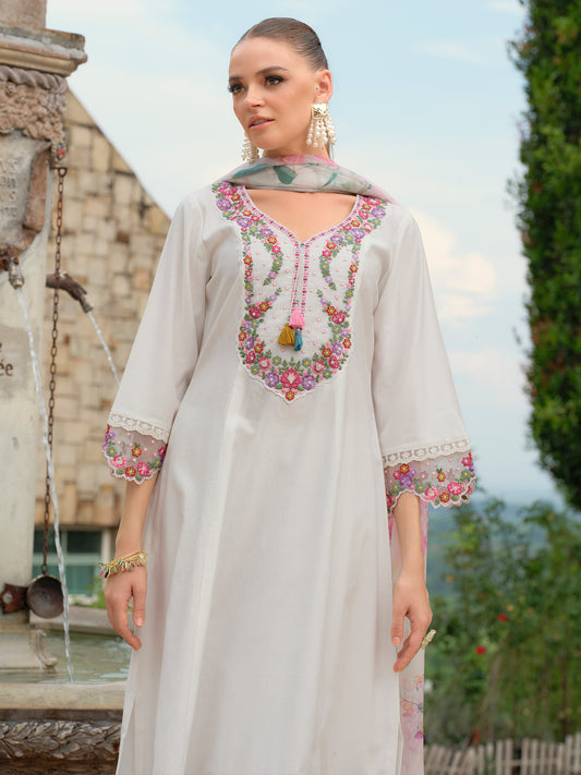 Yellow Embroidered A-Line Kurta Trousers With Dupatta Set