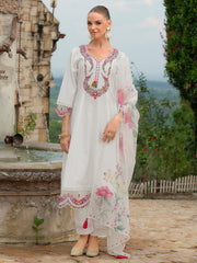 Yellow Embroidered A-Line Kurta Trousers With Dupatta Set