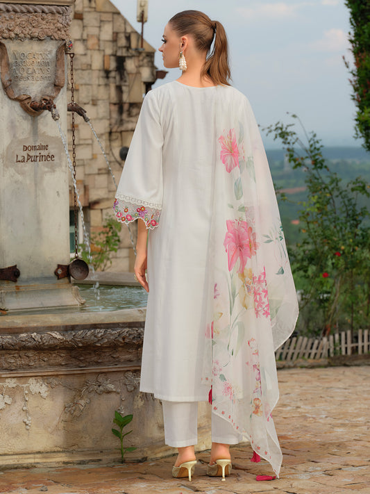 Yellow Embroidered A-Line Kurta Trousers With Dupatta Set
