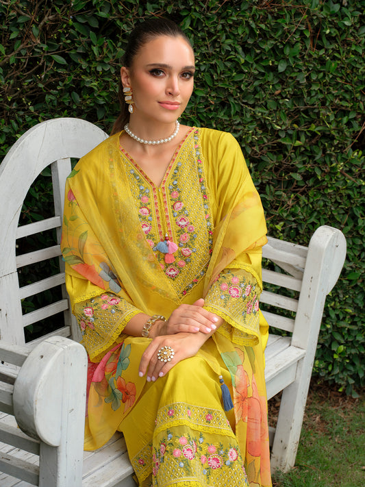 White Embroidered A-Line Kurta Trousers With Dupatta Set