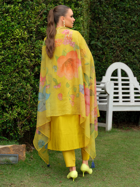 White Embroidered A-Line Kurta Trousers With Dupatta Set