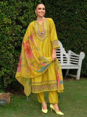 White Embroidered A-Line Kurta Trousers With Dupatta Set