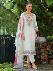 White Embroidered A-Line Kurta Trousers With Dupatta Set