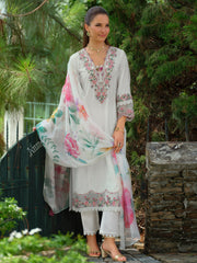 White Embroidered A-Line Kurta Trousers With Dupatta Set