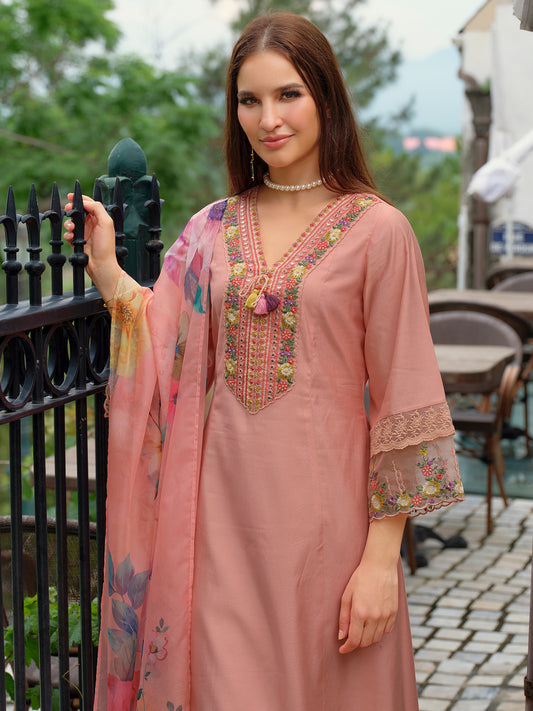 White Embroidered A-Line Kurta Trousers With Dupatta Set