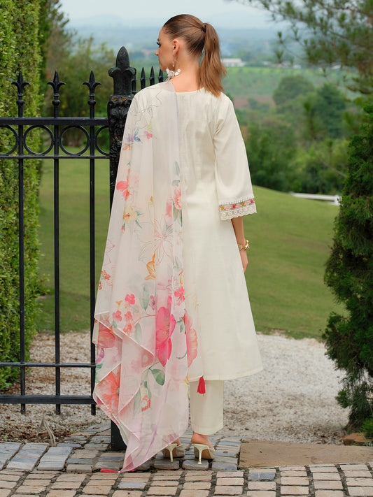 Black Embroidered A-Line Kurta Trousers With Dupatta Set