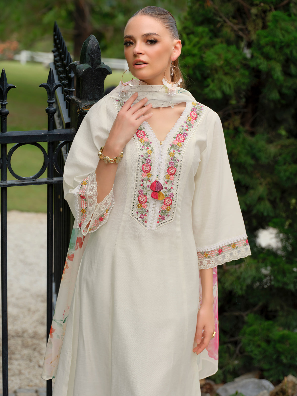 Black Embroidered A-Line Kurta Trousers With Dupatta Set