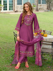 Blue Embroidered A-Line Kurta Trousers With Dupatta Set