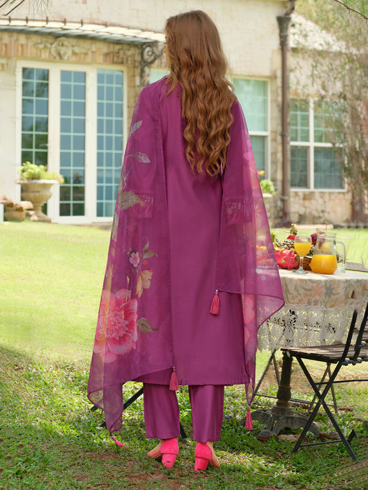 Blue Embroidered A-Line Kurta Trousers With Dupatta Set