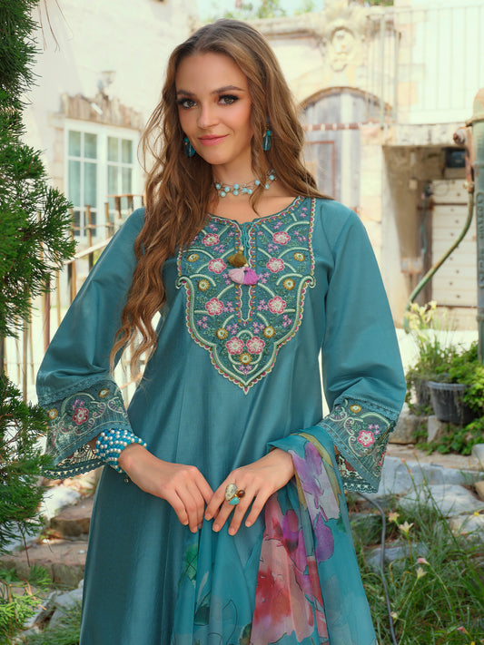 Green Embroidered A-Line Kurta Trousers With Dupatta Set