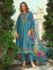 Green Embroidered A-Line Kurta Trousers With Dupatta Set