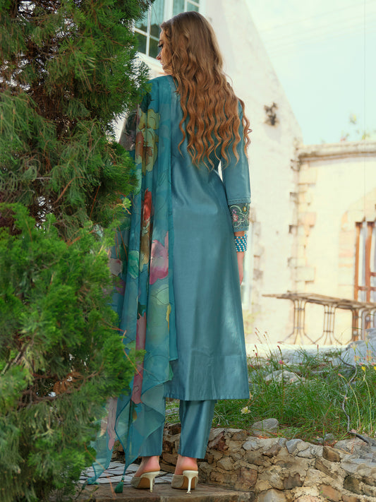 Green Embroidered A-Line Kurta Trousers With Dupatta Set
