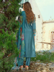 Green Embroidered A-Line Kurta Trousers With Dupatta Set