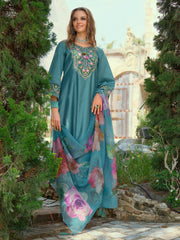 Green Embroidered A-Line Kurta Trousers With Dupatta Set