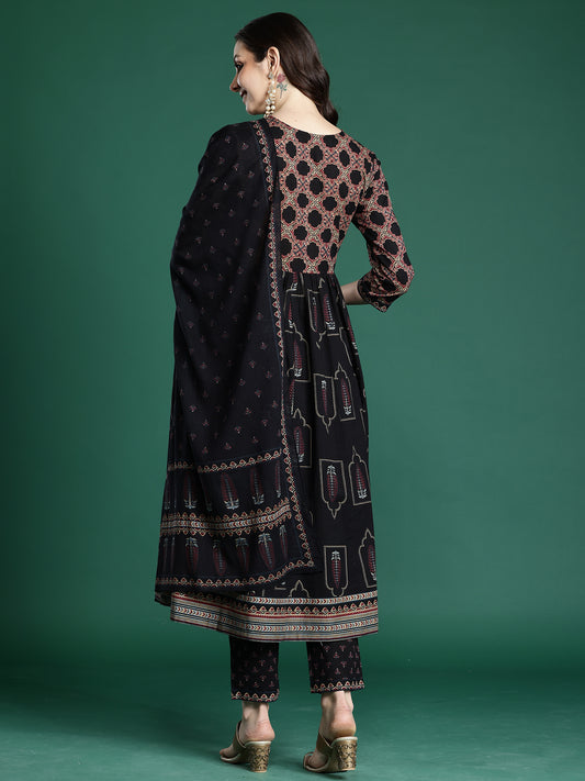 Red Embroidered Straight Kurta Trousers With Dupatta Set