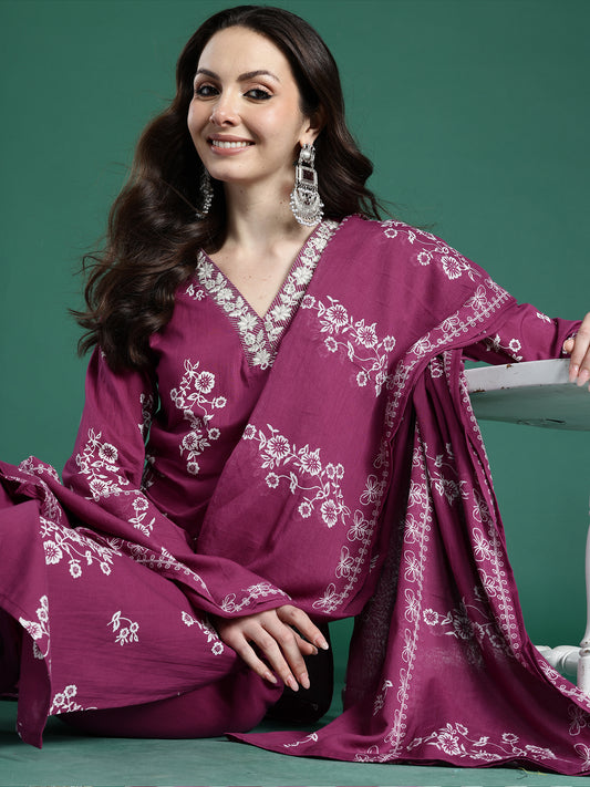 Mauve Printed Straight Kurta Trousers With Dupatta set
