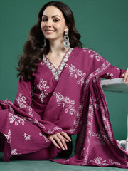 Pink Embroidered Straight Kurta Trousers With Dupatta Set