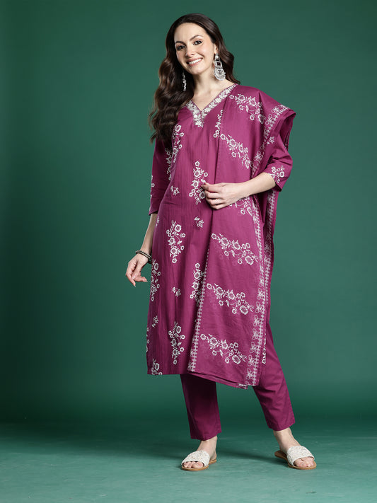Mauve Printed Straight Kurta Trousers With Dupatta set