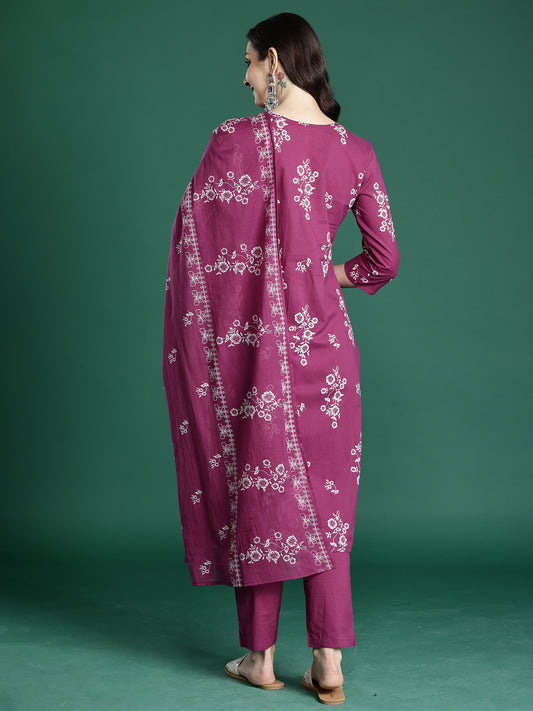 Pink Embroidered Straight Kurta Trousers With Dupatta Set