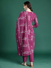 Pink Embroidered Straight Kurta Trousers With Dupatta Set