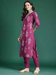 Pink Embroidered Straight Kurta Trousers With Dupatta Set