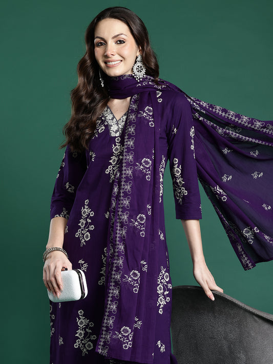 Pink Printed Straight Kurta Salwar With Dupatta Set