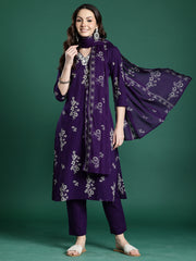 Pink Printed Straight Kurta Salwar With Dupatta Set