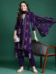Pink Printed Straight Kurta Salwar With Dupatta Set