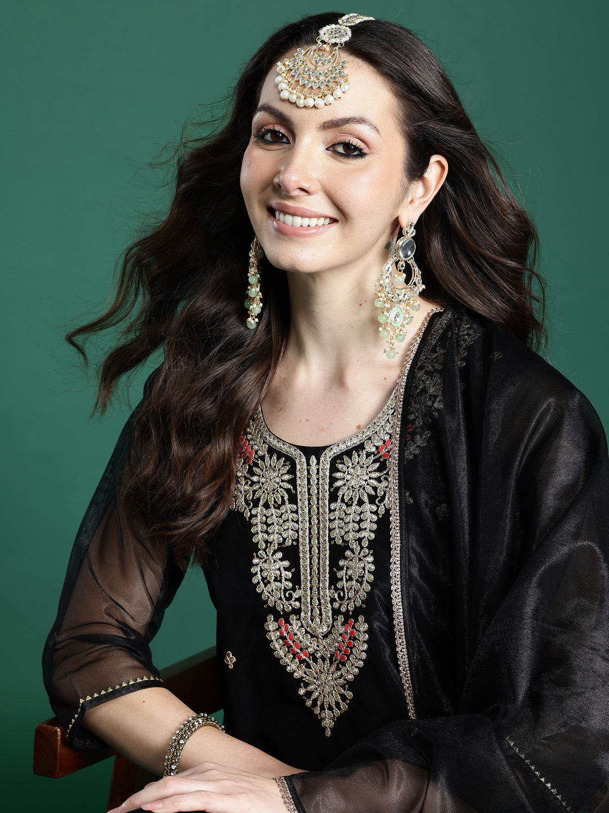 Burgundy Embroidered Anarkali Kurta Trousers With Dupatta Set