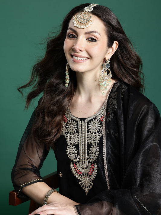 Burgundy Embroidered Anarkali Kurta Trousers With Dupatta Set