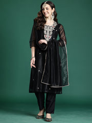 Burgundy Embroidered Anarkali Kurta Trousers With Dupatta Set