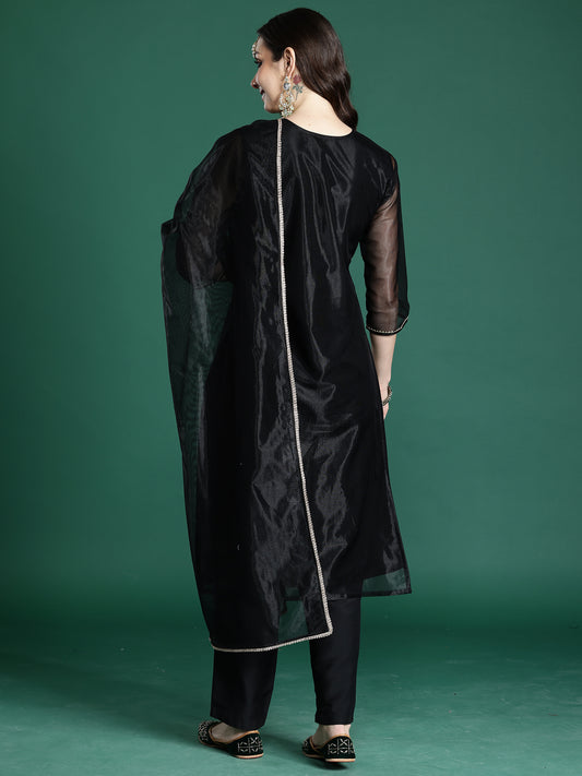 Burgundy Embroidered Anarkali Kurta Trousers With Dupatta Set