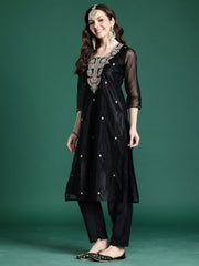 Burgundy Embroidered Anarkali Kurta Trousers With Dupatta Set