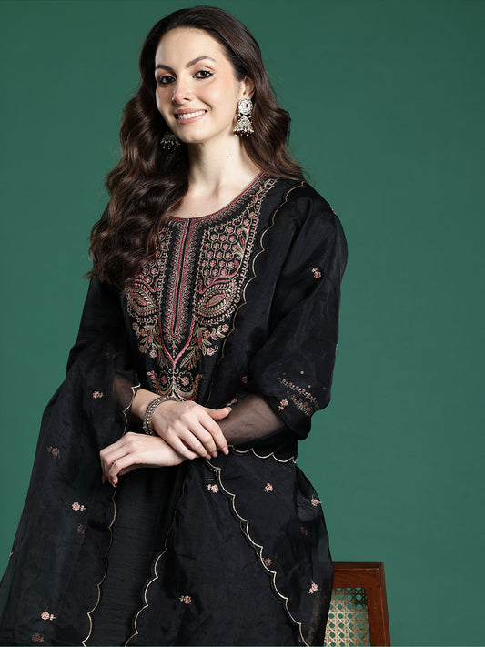 Blue Printed A-Line Kurta Trousers With Dupatta Set