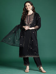 Blue Printed A-Line Kurta Trousers With Dupatta Set