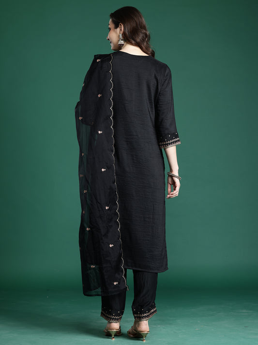 Blue Printed A-Line Kurta Trousers With Dupatta Set