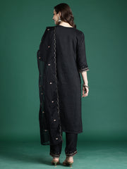 Blue Printed A-Line Kurta Trousers With Dupatta Set