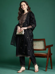 Blue Printed A-Line Kurta Trousers With Dupatta Set