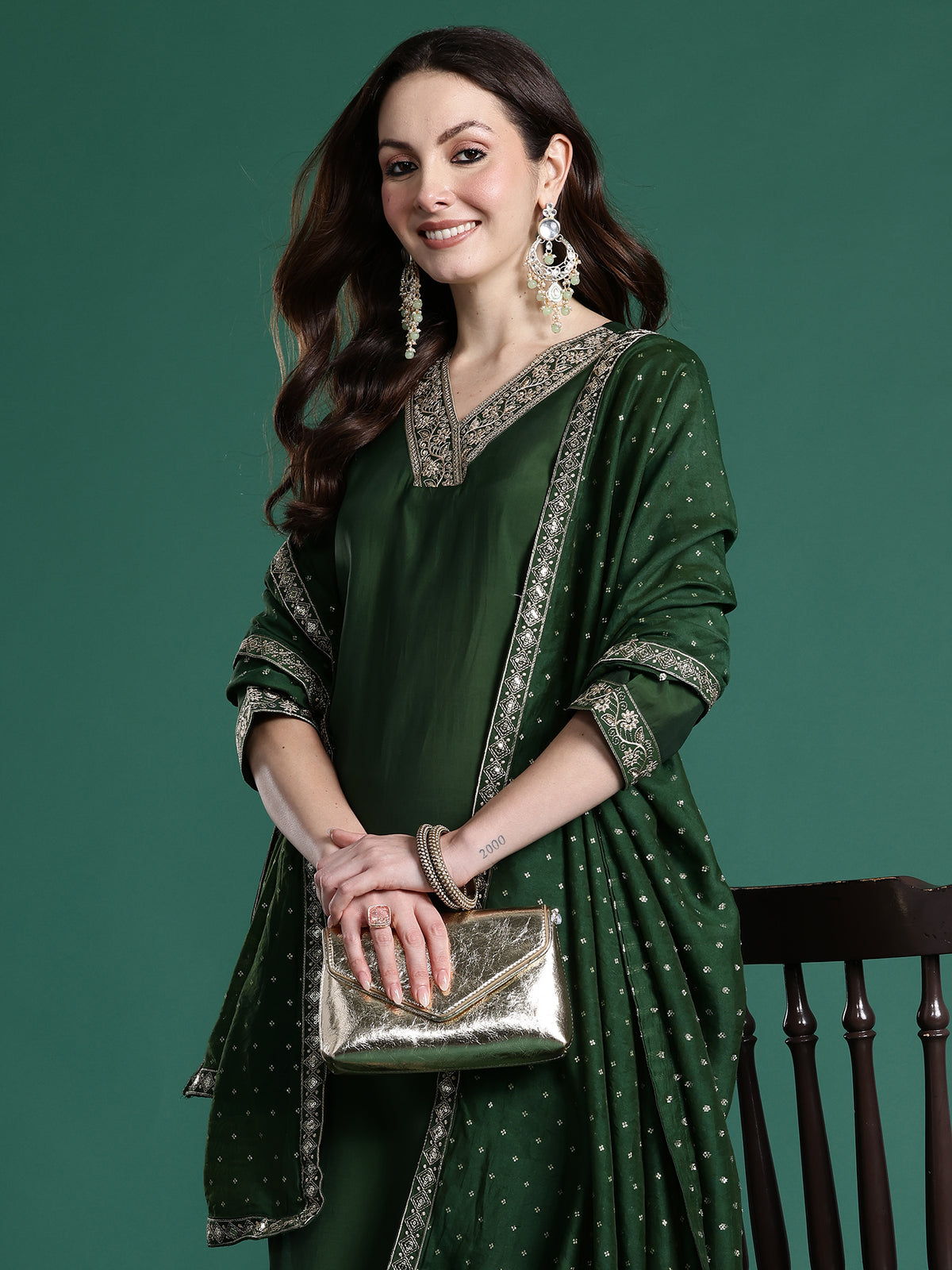 Green Embroidered Straight Kurta Trousers With Dupatta set-KH9GN10849