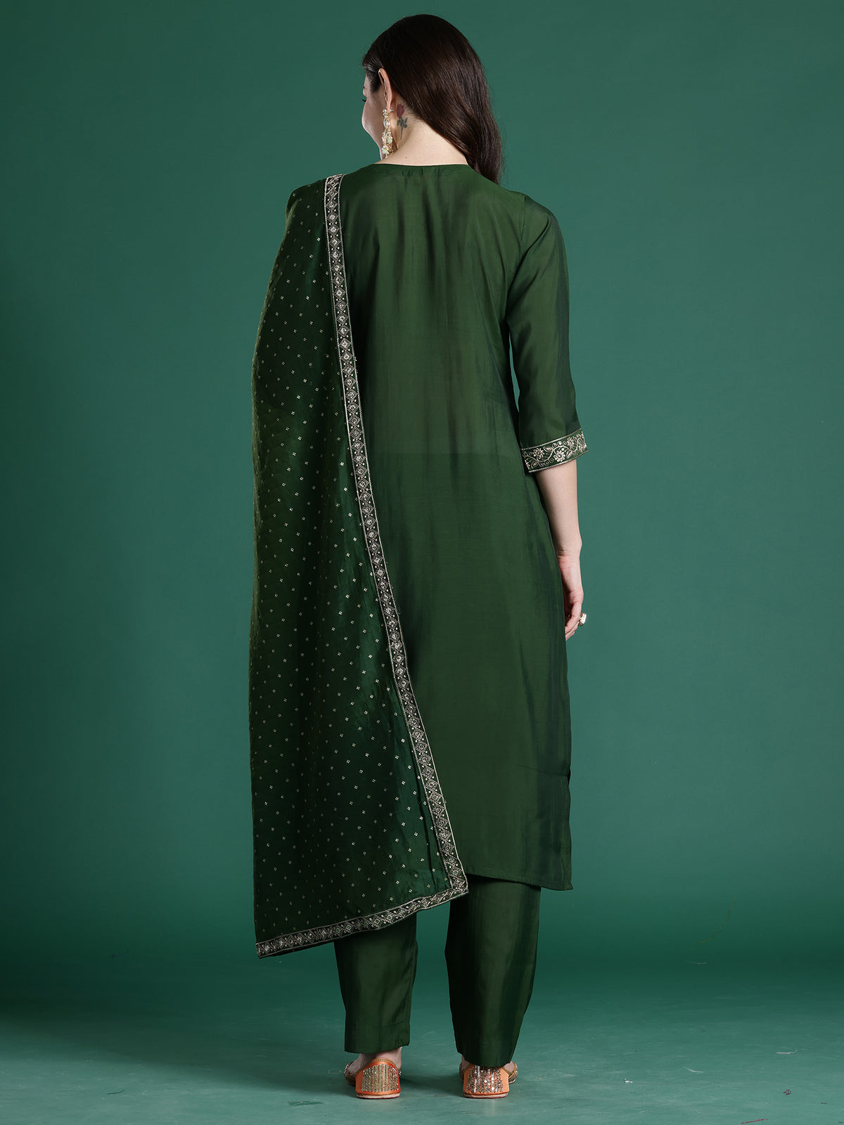 Green Embroidered Straight Kurta Trousers With Dupatta set-KH9GN10849