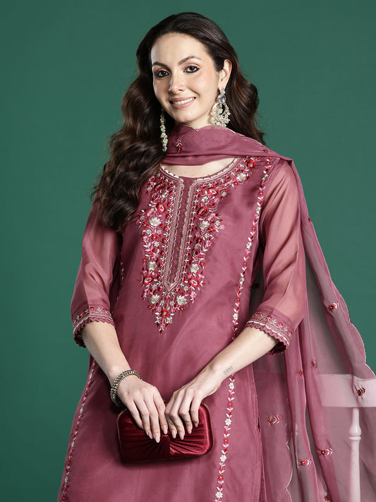 Off White Printed Straight Kurta Trousers With Dupatta Set