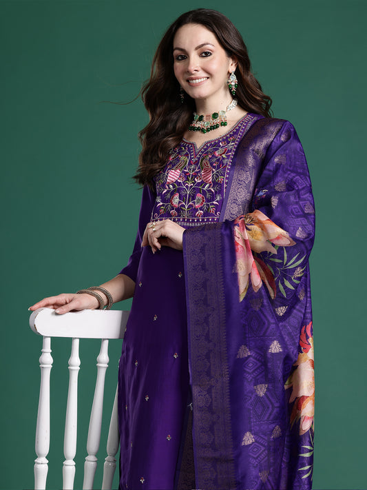 Yellow Embroidered Anarkali Kurta Trousers With Dupatta Set