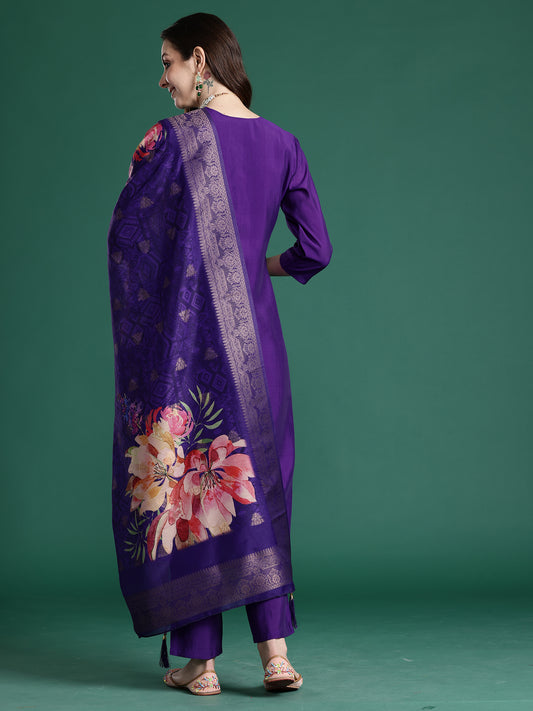 Yellow Embroidered Anarkali Kurta Trousers With Dupatta Set