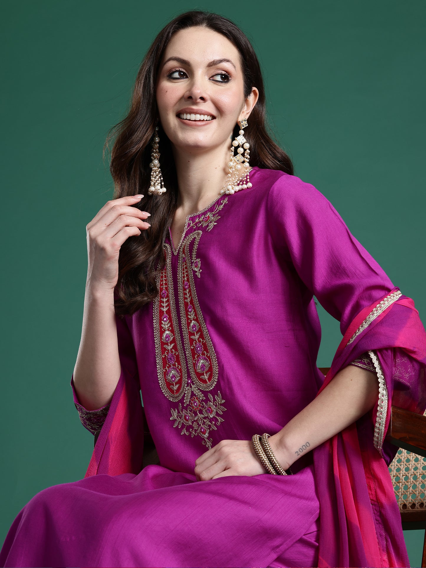 Purple Solid Straight Kurta Trousers With Dupatta set