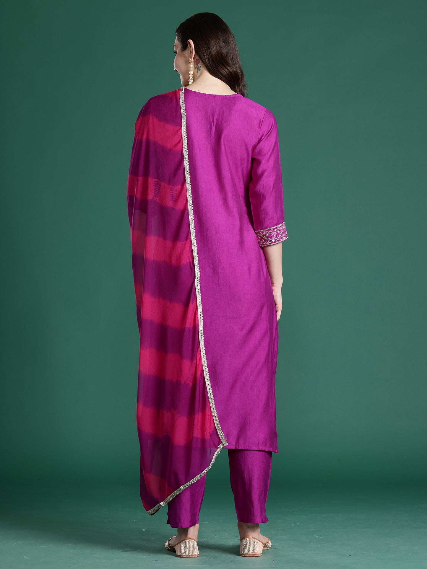 Purple Solid Straight Kurta Trousers With Dupatta set