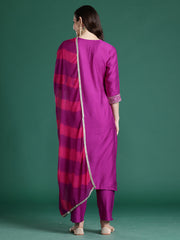 Purple Solid Straight Kurta Trousers With Dupatta set