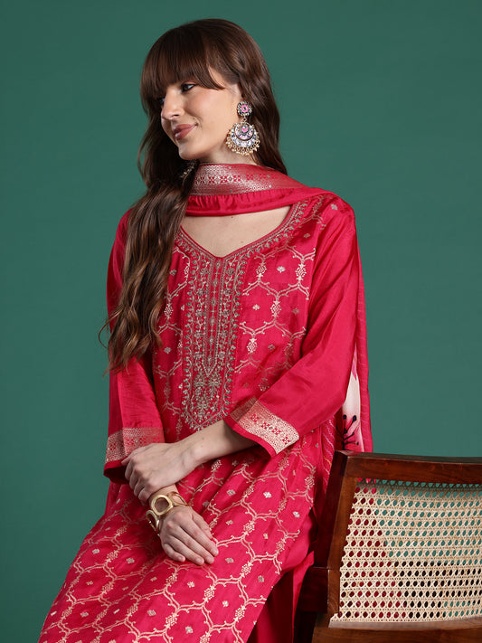 Black Printed Straight Kurta Trousers With Dupatta Set
