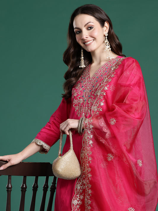 Blue Printed Straight Kurta Trousers With Dupatta Set