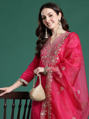 Blue Printed Straight Kurta Trousers With Dupatta Set