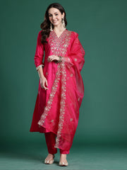 Blue Printed Straight Kurta Trousers With Dupatta Set
